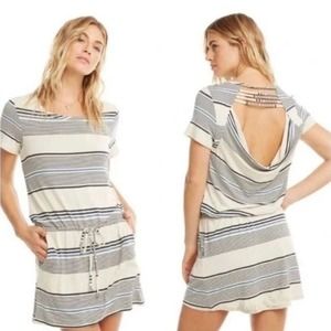Chaser Dress MEDIUM Blue White Striped Scoop Neck Open Back Elastic Waist Casual